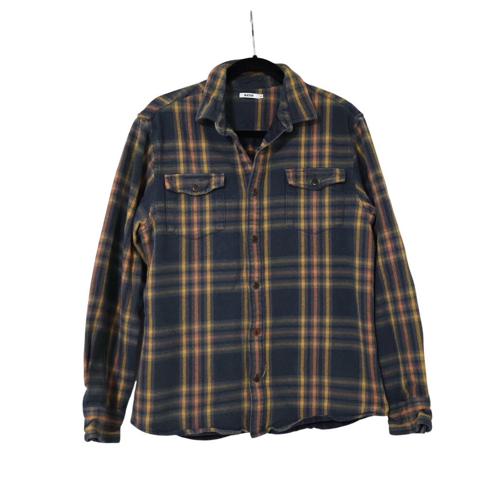 Katin Blue Orange Yellow Plaid Heavyweight Cotton Flannel Shirt L Skate Surf